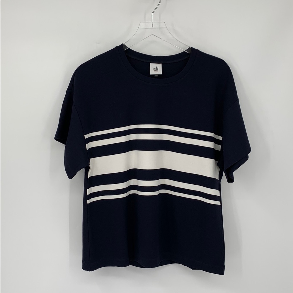 Cabi Catamaran tee shirt top blouse knit navy blue white stripe Preppy new S